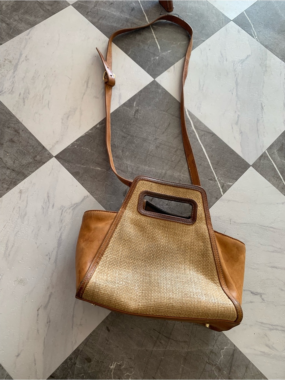 J. McLaughlin Tan Straw and Brown Leather Shoulder Bag